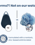 A comparison image featuring the Scrub-dub® Scalp and Body Scrubber, a non-toxic, zinc-based antimicrobial body scrubber on the left, and a conventional loofah with germs on the right. Text reads: "Germs?! Not on our watch.