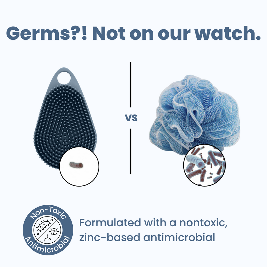 Graphic comparing a black Scrub-dub™ antimicrobial sponge and a blue Scrub-dub™ shower pouf, highlighting the effectiveness of the Scalp and Body Scrubber against germs with illustrations of bacteria. The pouf features gentle bristles designed to exfoliate.