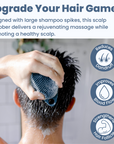 A person is using the Scrub-dub® Scalp and Body Scrubber, which features large shampoo spikes, in the shower. This innovative tool from Scrub-dub® reduces dandruff, improves blood flow, and strengthens hair follicles.