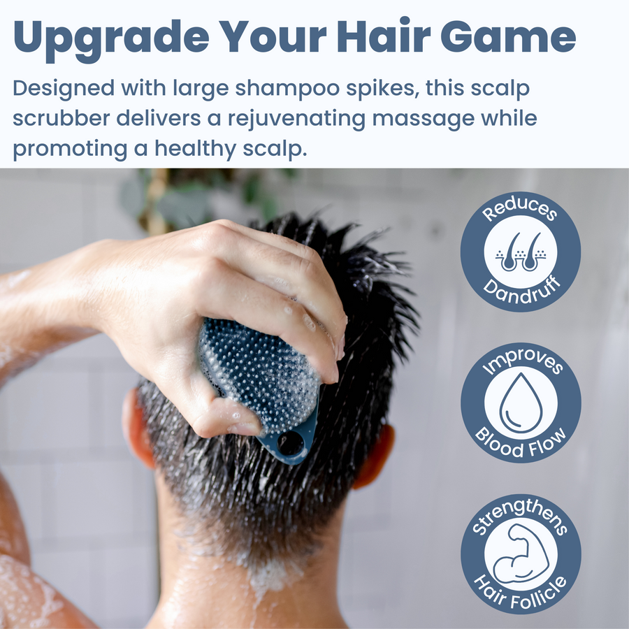 A person using a blue Scrub-dub™ Scalp and Body Scrubber with gentle bristles on their head in the shower, with text promoting the benefits of the product for hair health.