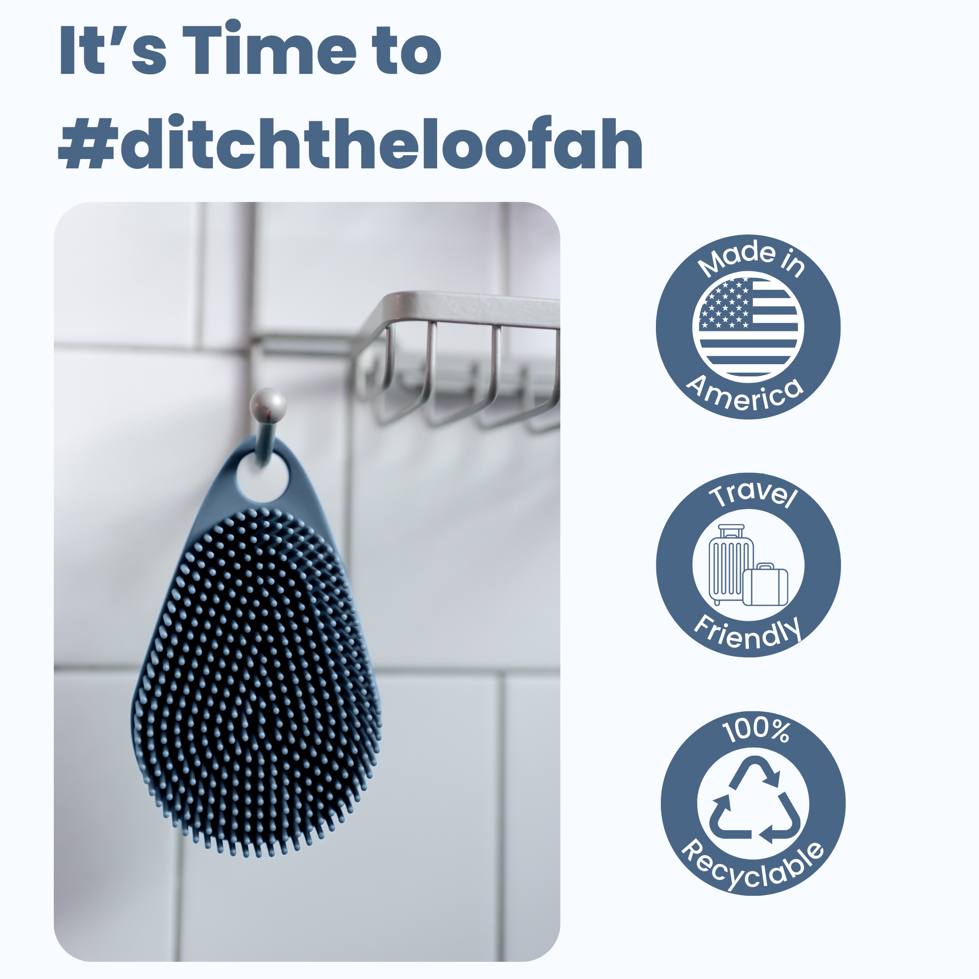 A blue Scrub-dub® Silicone Body Scrubber hangs from a metal rack with the text "It's Time to