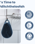 A blue silicone, antimicrobial body scrubber from the Scrub-dub™ brand adorns a shower rack, highlighting symbols for "Made in America," "Travel Friendly," and "100% Recyclable." The text encourages you to "It's Time to