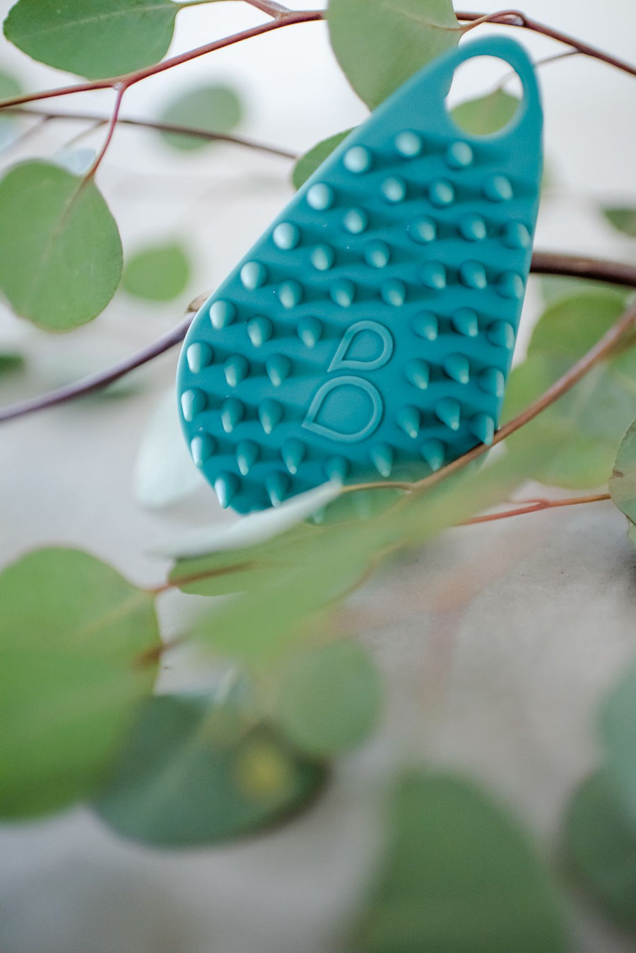 Scrub-dub™ body scrubber in teal is surrounded by green eucalyptus plats.