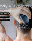User demonstrating Scrub-Dub® scalp scrubber tool for cleaning and relieving scalp issues.