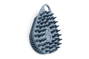 Scrub-dub™ Scalp and Body Scrubber features a teardrop shape and rows of gentle bristles, in a gray color, isolated on a white background.