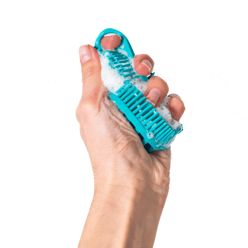Hand pumping a teal blue body scrub