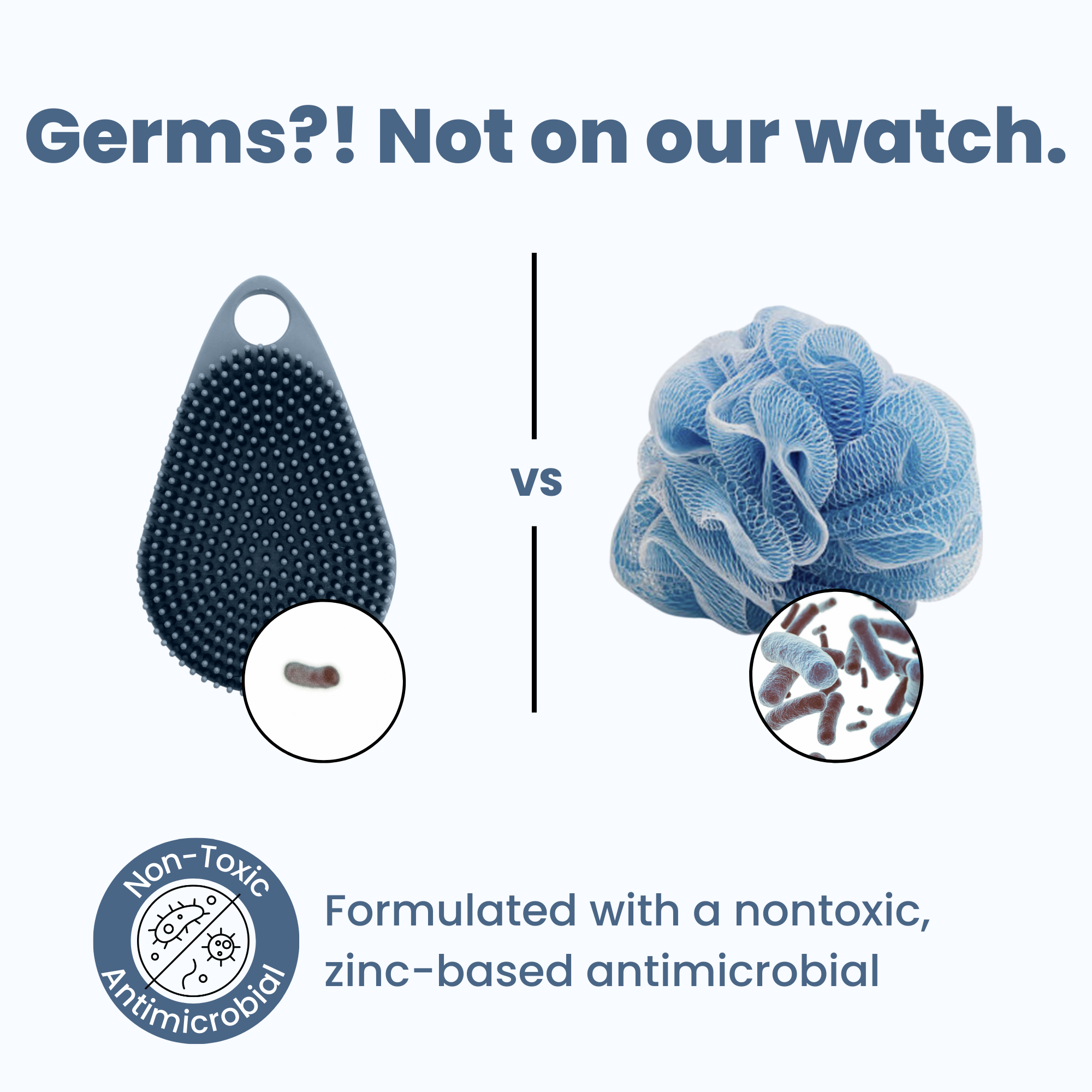 A comparison image featuring the Scrub-dub® Scalp and Body Scrubber, a non-toxic, zinc-based antimicrobial body scrubber on the left, and a conventional loofah with germs on the right. Text reads: "Germs?! Not on our watch.