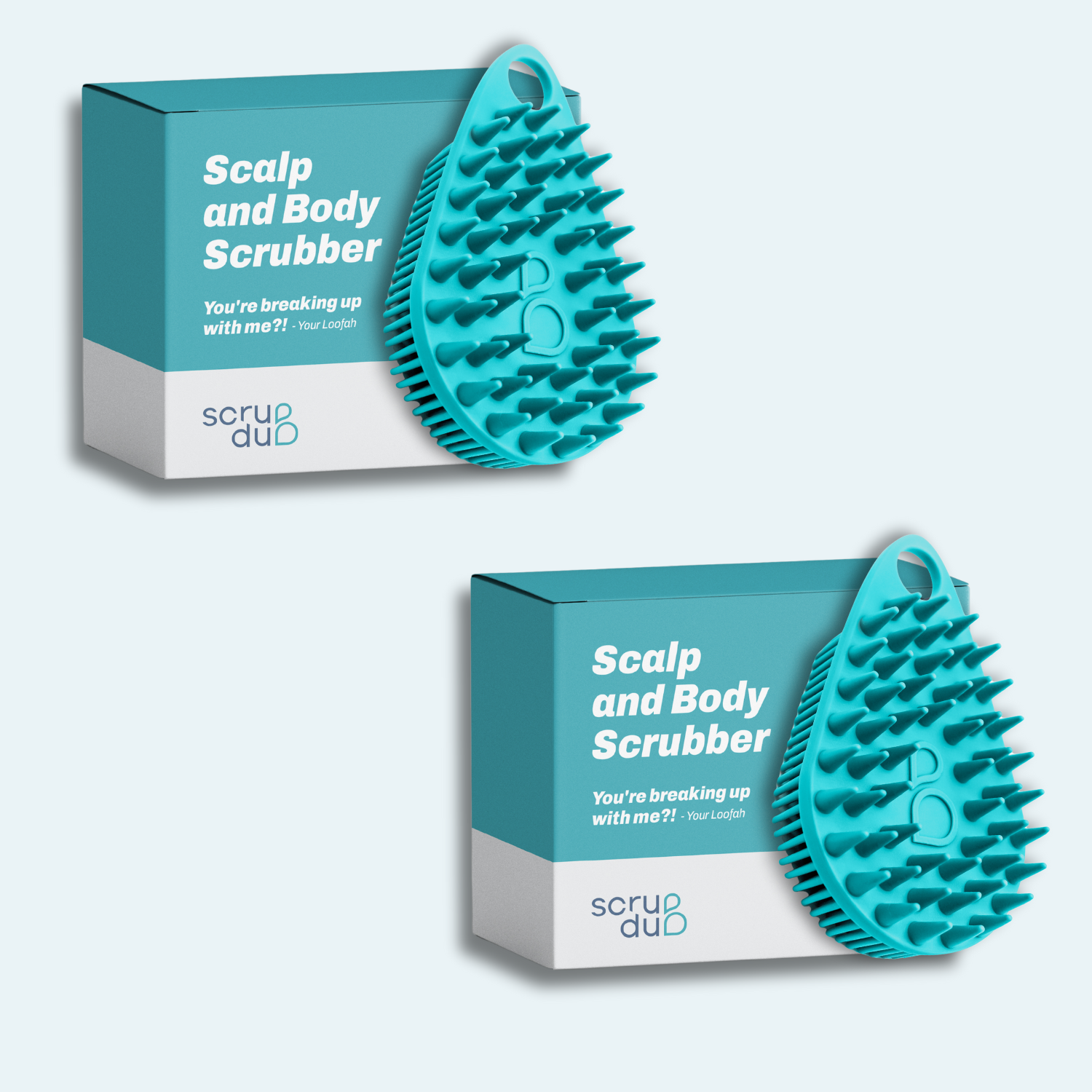 The Scrub-dub® Scalp and Body Scrubber by Scrub-dub® comes in a set of two teal scrubbers with playful packaging that reads: &quot;Scalp and Body Scrubber - You&#39;re breaking up with me?! - Your Looffa.&quot; Featuring exfoliating bristles, these scrubbers provide a refreshing head-to-toe wash.