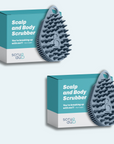 Two boxes of The scrub-dub® Scalp and Body Scrubber include blue exfoliating brushes from the brand Scrub-dub®, with the text: "You're breaking up with me?! - Your Loofah." They are perfect for gently exfoliating your skin while also serving as an effective scalp scrubber.