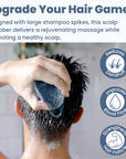 A person using a blue Scrub-dub™ Scalp and Body Scrubber with gentle bristles on their head in the shower, with text promoting the benefits of the product for hair health.