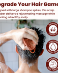 A man is using the Scrub-dub™ Sedona Red Scalp and Body Scrubber to cleanse and exfoliate his hair while washing it with a hair brush.