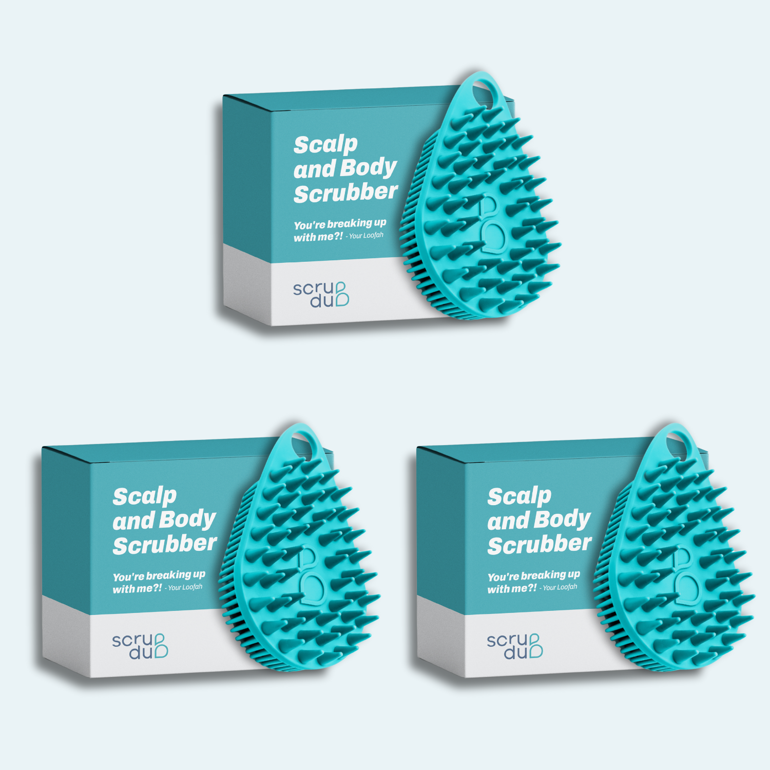 Three teal boxes labeled &quot;The scrub-dub® Scalp and Body Scrubber&quot; feature spiky scrubbers by Scrub-dub®, designed with exfoliating bristles.