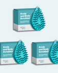 Three teal boxes labeled "The scrub-dub® Scalp and Body Scrubber" feature spiky scrubbers by Scrub-dub®, designed with exfoliating bristles.