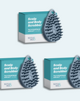 Three boxes in teal and gray, labeled "The scrub-dub® Scalp and Body Scrubber" by Scrub-dub®, showcase spiky scrubbers ideal for exfoliating the skin.