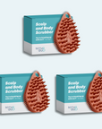 Three boxes of The scrub-dub® Scalp and Body Scrubber by Scrub-dub®, featuring a spiked design ideal for exfoliating skin, are arranged in a grid on a light blue background.