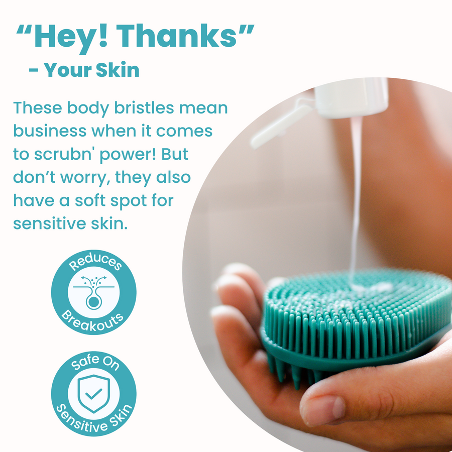 A person holding a Scalp and Body Scrubber - Tahiti Teal by Scrub-dub™ while saying hey thanks to your skin.