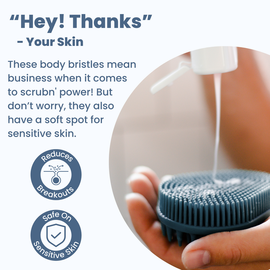 A person is holding a Scrub-dub™ Scalp and Body Scrubber - Glacier Blue to exfoliate skin cells, with the text "hey thanks".