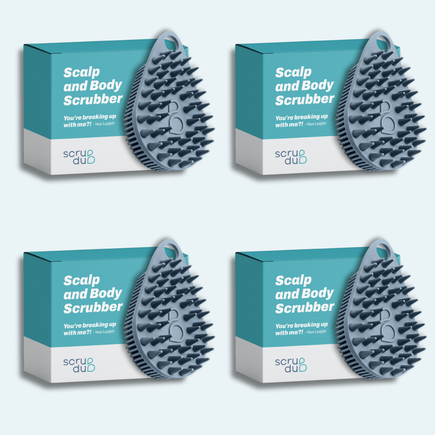 Four teal boxes labeled &quot;The scrub-dub® Scalp and Body Scrubber&quot; from Scrub-dub® are shown, each featuring a blue spiky scrubber designed for effective skin exfoliation.