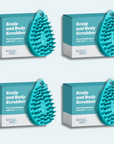 Four boxes of The scrub-dub® Scalp and Body Scrubber by Scrub-dub®, each featuring scrubbers with exfoliating bristles, are neatly arranged in a grid on a light background.