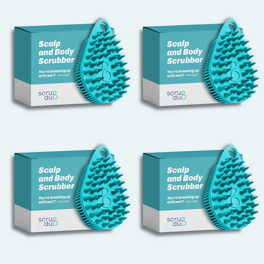 Four boxes of The scrub-dub® Scalp and Body Scrubber by Scrub-dub®, each featuring scrubbers with exfoliating bristles, are neatly arranged in a grid on a light background.