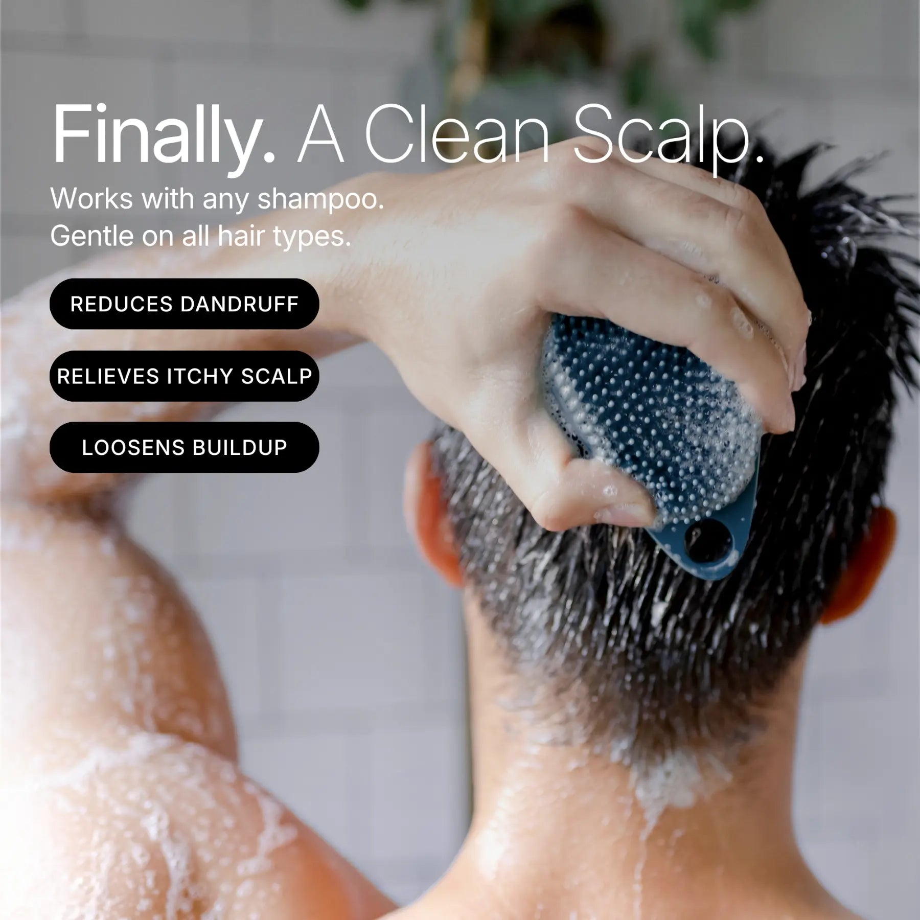User demonstrating Scrub-Dub® scalp scrubber tool for cleaning and relieving scalp issues.