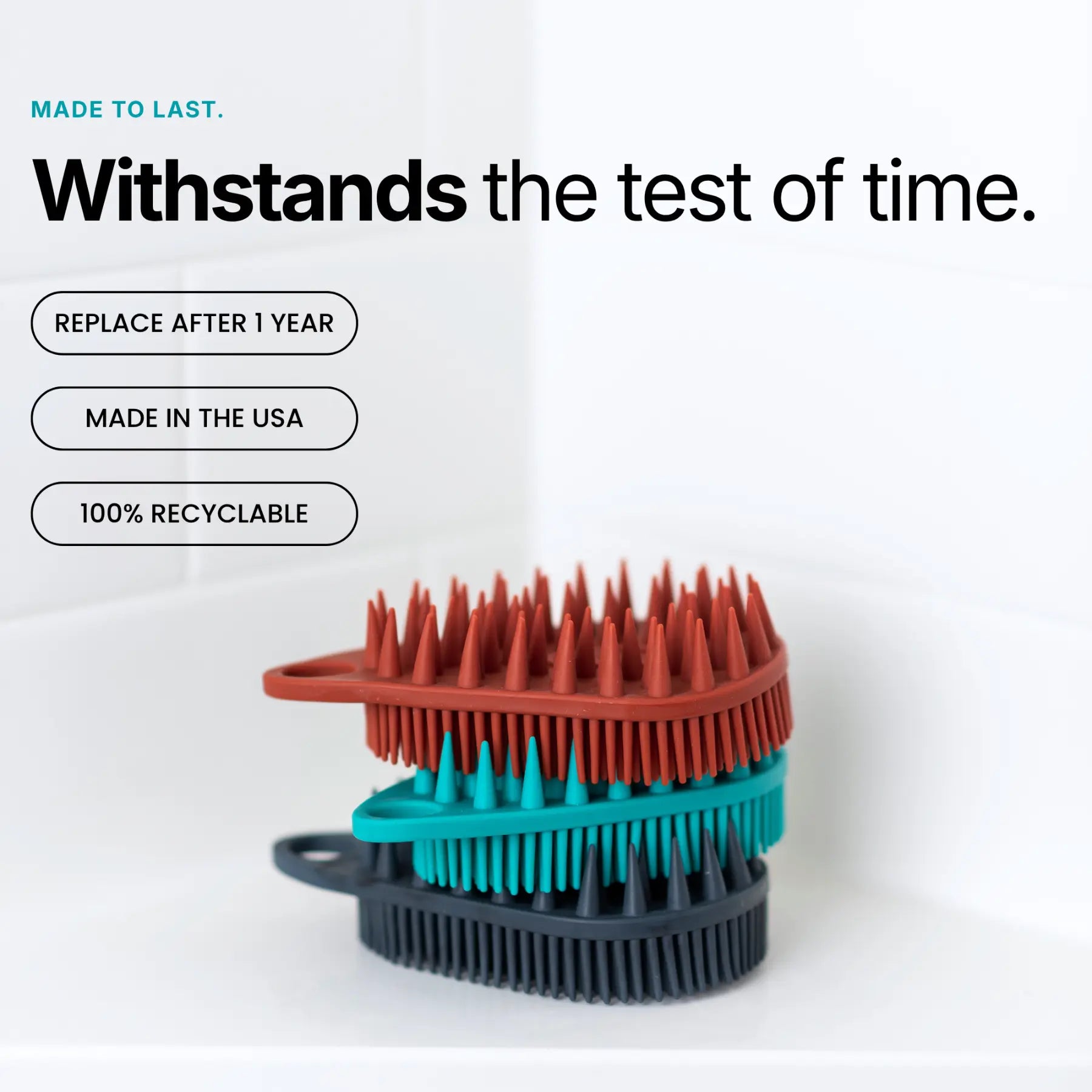 Scrub-Dub® scalp scrubber showcasing its durability, with info on recycling and replacement.