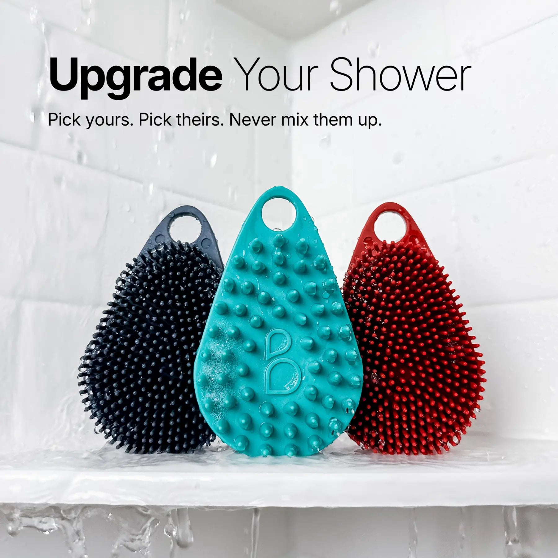 Scrub-Dub® scalp scrubber in teal, blue, and red; antimicrobial dual-sided tool for scalp and body care.
