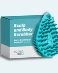 Teal exfoliating scalp and body scrubber with a box labeled "The scrub-dub® Scalp and Body Scrubber" and "You're breaking up with me?! -Your Loofah" by Scrub-dub®.